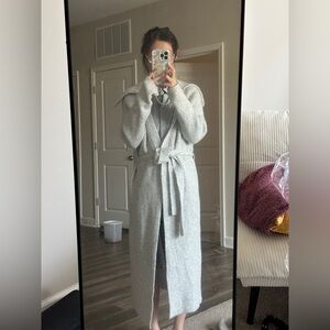 Express Light Gray Long Knit Robe with Tie Waist